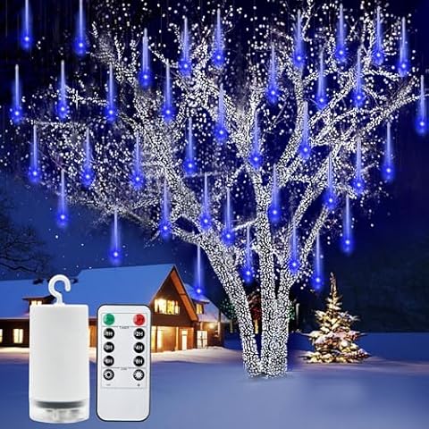 echosari Christmas Lights Outdoor, Meteor Shower Rain Lights Battery Powered, 12 inch 8 Tube 192 LED Falling Rain Lights Waterproof for Xmas Tree Holiday Party Patio Decoration (Blue) Cover
