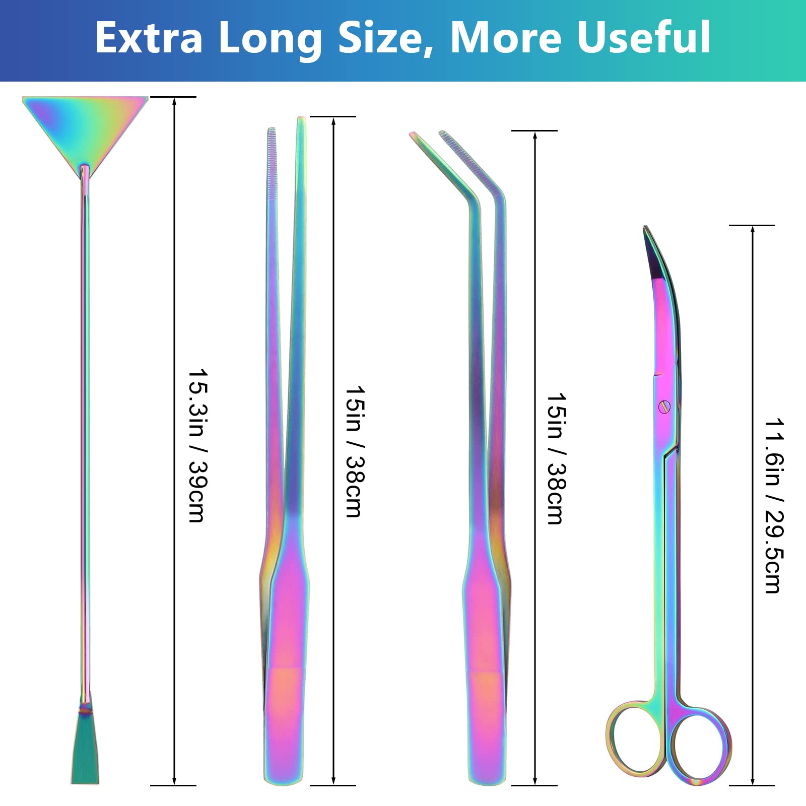 Kit extra lungo Aquascape per acquario, colorato, 4 in 1, strumento anti-ruggine, per piante acquatiche Aquascaping, forbici per acquario e acquario, set di strumenti per acquari