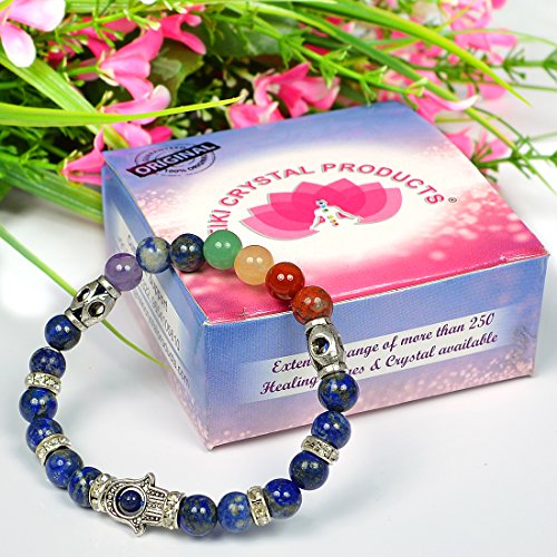 Image of Reiki Crystal Products Certified Natural Crystal Stone 7 Chakra with Hamsa 8 mm Round Beads Bracelet for Men & Women | Reiki Charged Gemstone Bracelet | Multiple Stone Variants Available