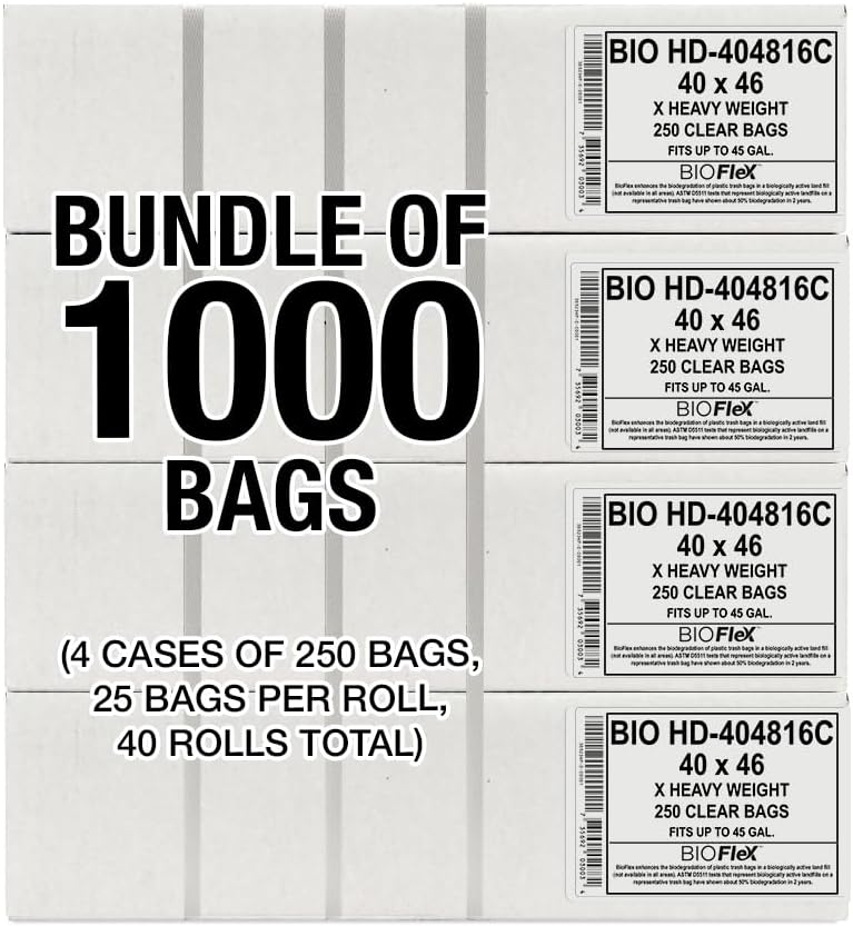 Aluf Plastics 45 Gallon Clear Trash Bags (1000 Count) With BioFlex Technology - 40" x 48" - 16 Micron Equivalent High Density Garbage Bags