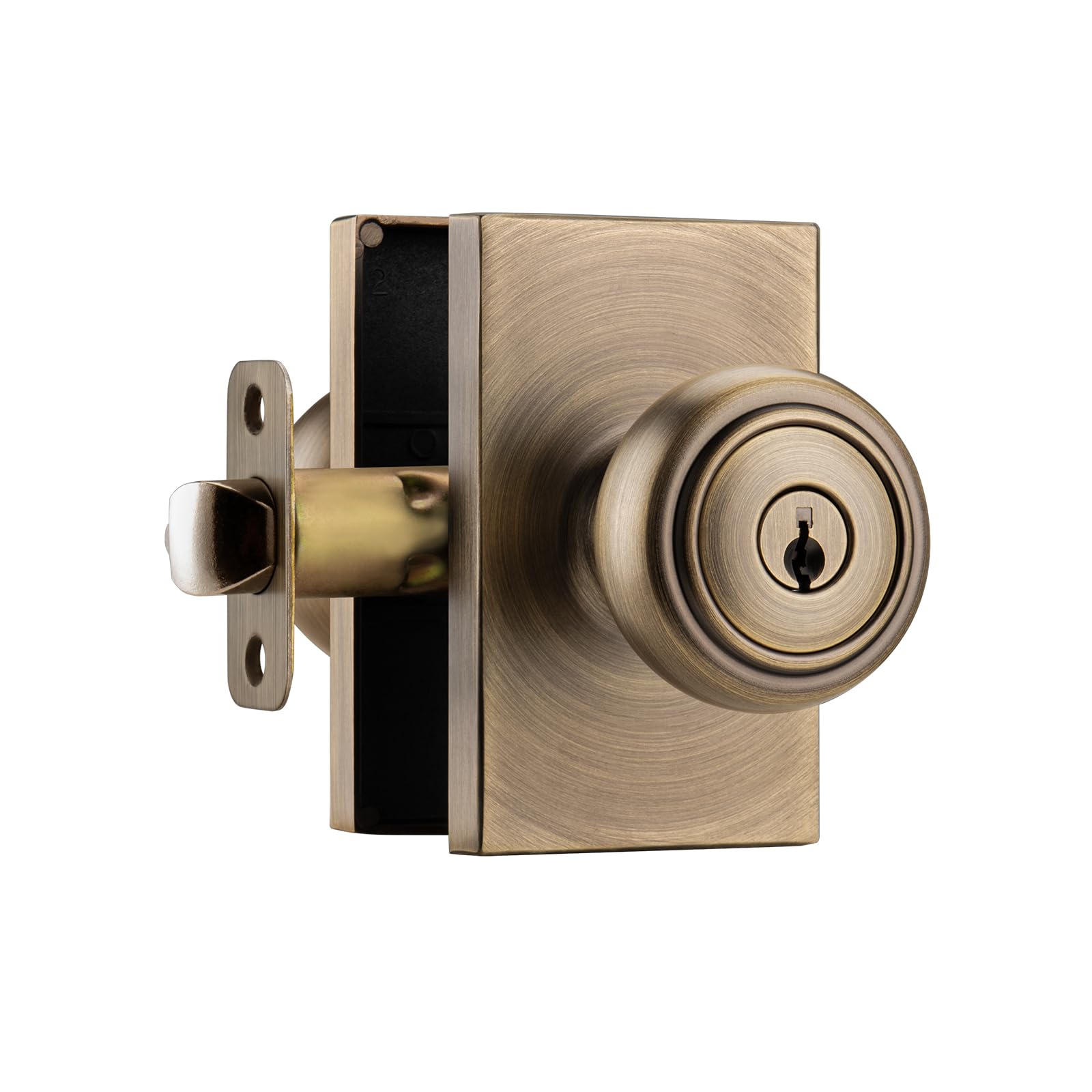 Ncsen Antique Brass Door Knob With Turn Lock For Privacy & Entry, Exterior & Interior Door Knobs With Keys, Coastal Knob With Heavy Duty Rectangle Plate