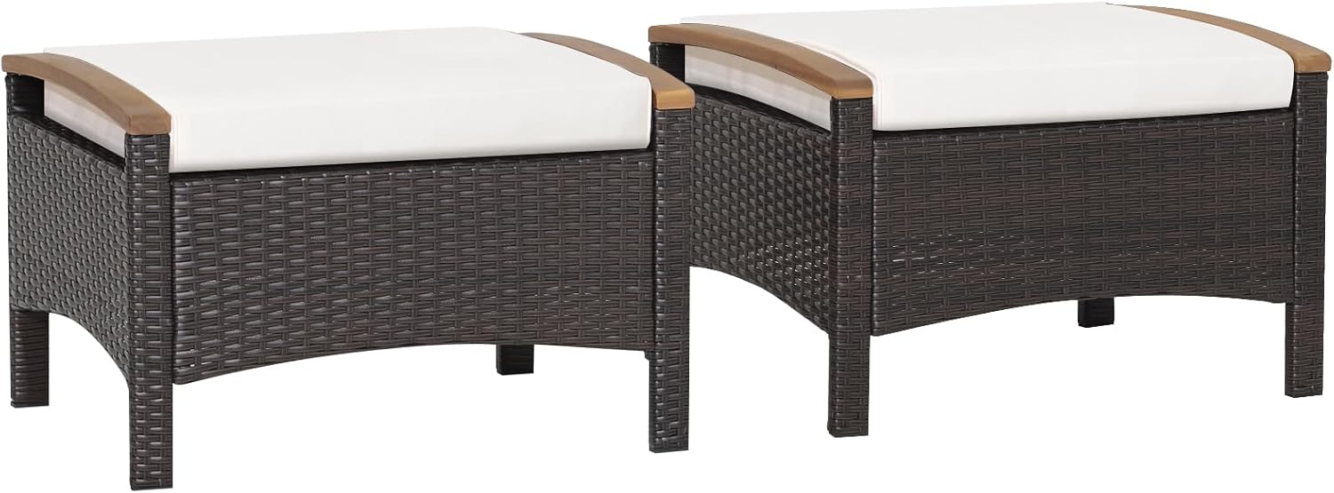 DORTALA Outdoor Ottoman Wicker 2 Piece, Square Patio Ottomans PE Rattan Foot Rest Footstool with Cushions for Couch, Chair, White