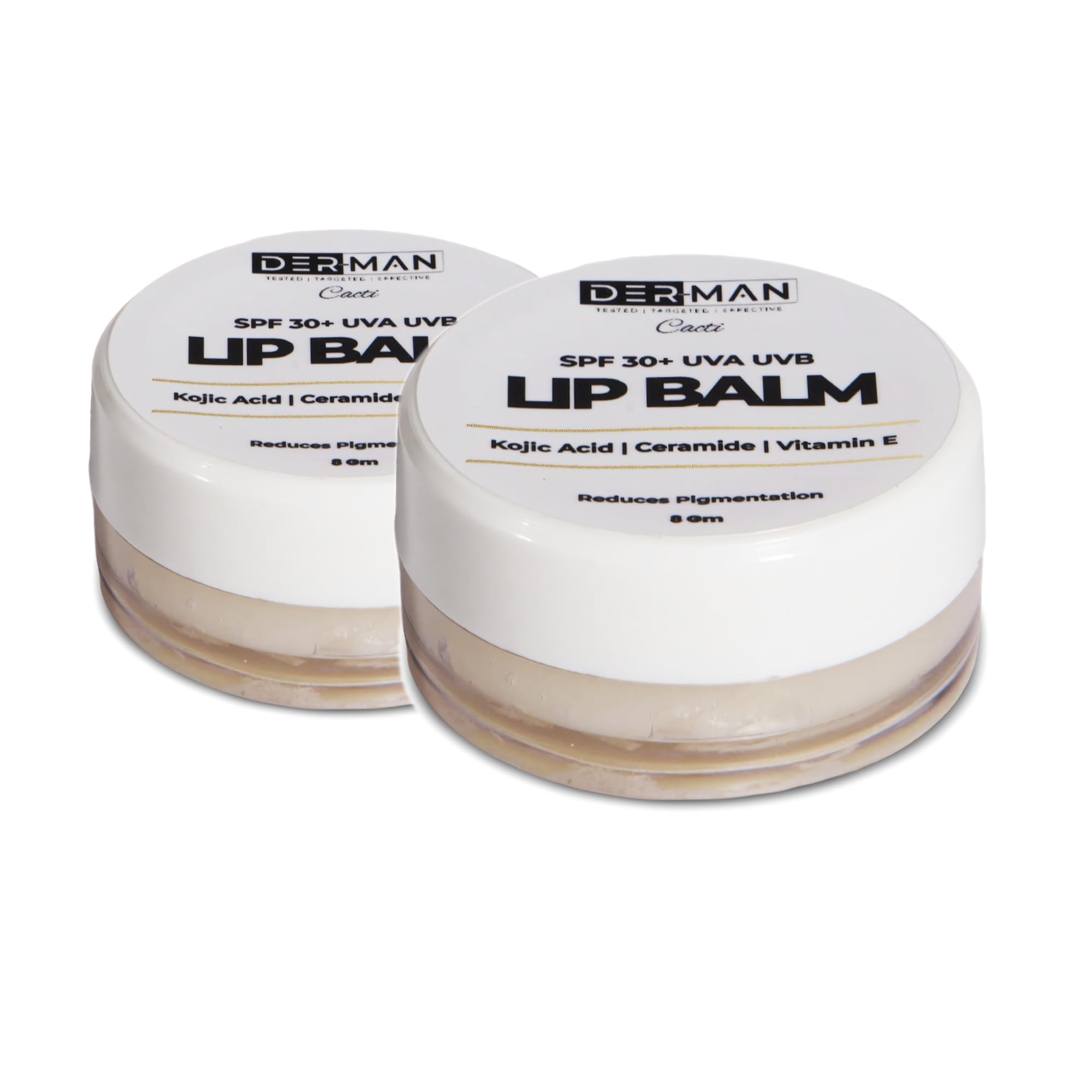 der-man spf30+ uva uvb and multi actives lip balm for protection & repair | | kojic acid, ceramide np, vitamin e | shea butter, jojoba oil, grape seed oil| treats dark & pigmented lips | sun protection & deep moisturization | | 8 g | pack of 2 | pack of 1