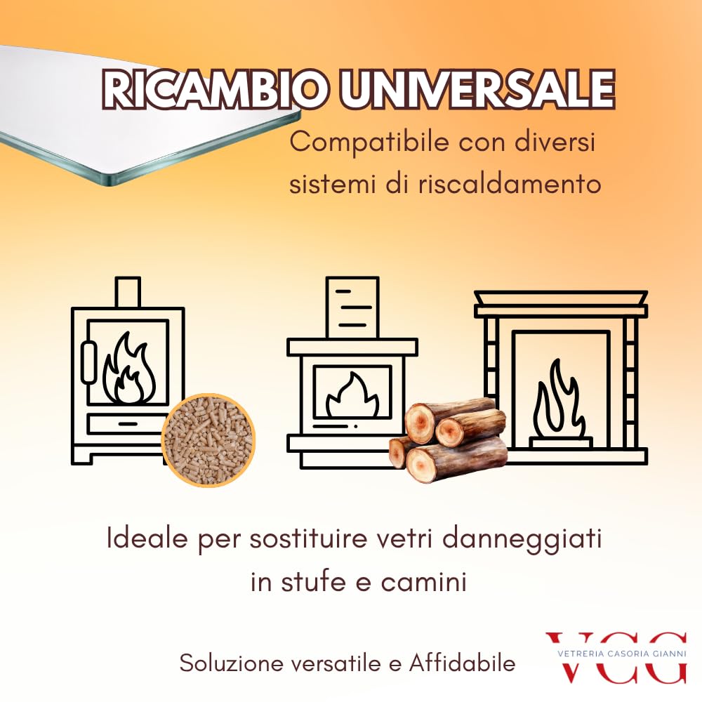Vetro Ceramico Sagomato Universale 47,6x31,7 cm 4mm Compatibile La Nordica Extraflame Isotta e Dal Zotto Clara | Ricambio Vetro Stufa Resistente 760° Camino Stufa a Pellet Certificato