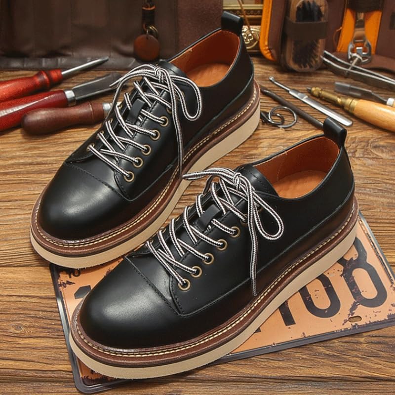 Men's Genuine Leather Round Toe Stacked Platform Oxfords Retro Classic Lace Up Comfortable Non-Slip Block Heel Oxford Sneakers3