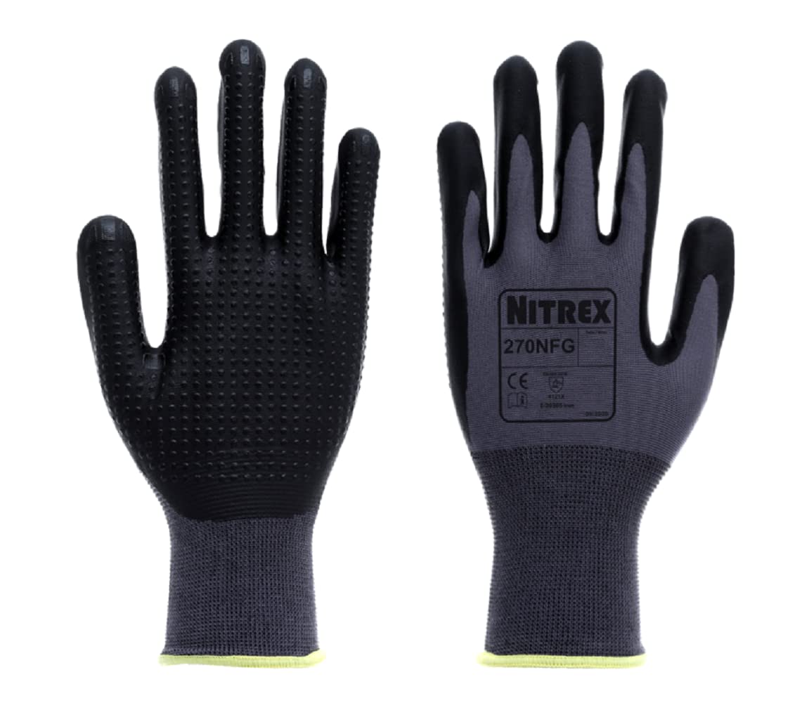 NITREX Unigloves 270NFG - Guantes reutilizables de manejo general con revestimiento de espuma de nitrilo, forro de nailon y cobertura de agarre mejorada en la palma, en gris/negro