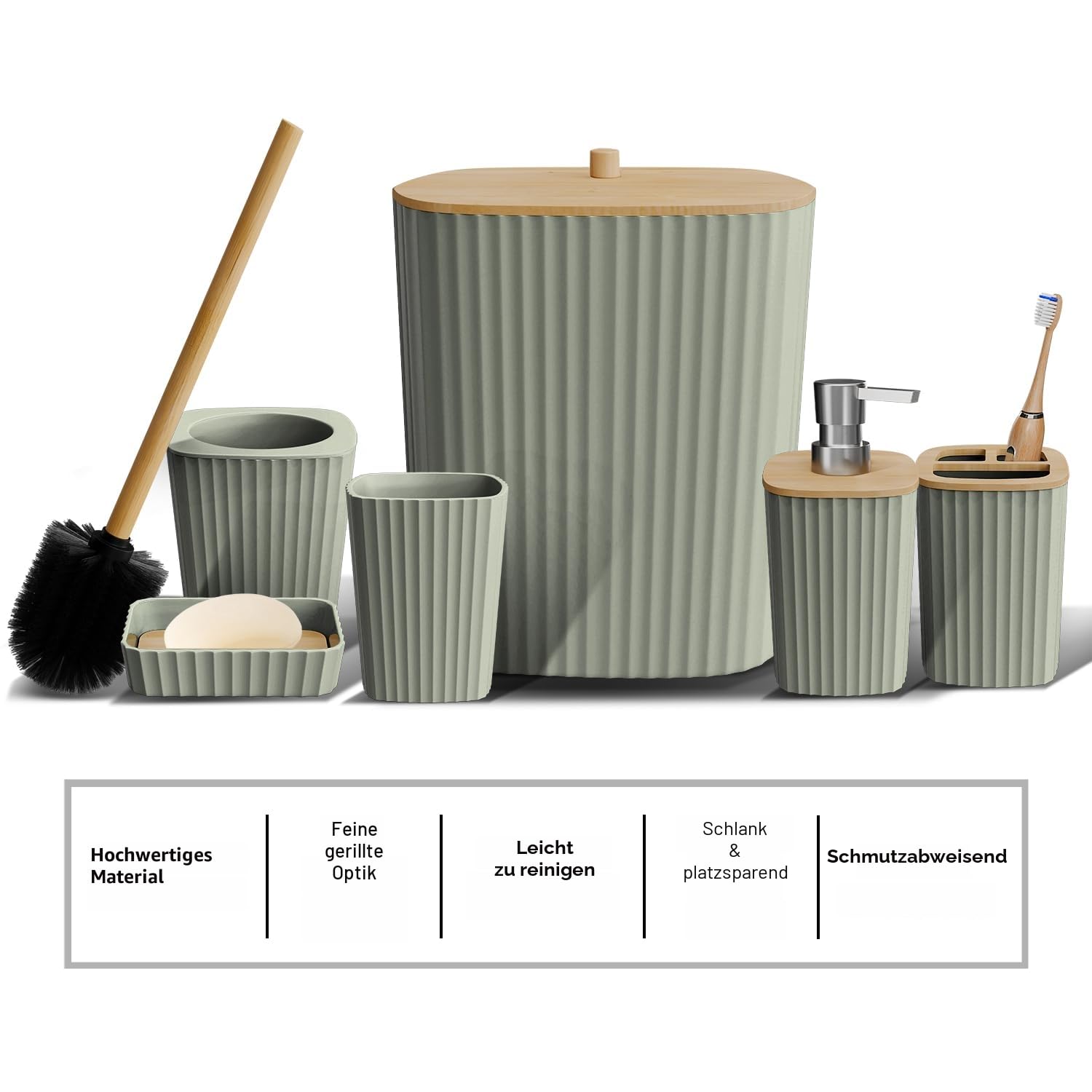 Clara Clark Badezimmer-Set – Salbeigrün Badezimmer-Zubehör-Set, 6-teiliges Badezimmer-Zubehör-Set, Badezimmer-Sets mit WC-Bürste, Mülleimer und Seifenspender