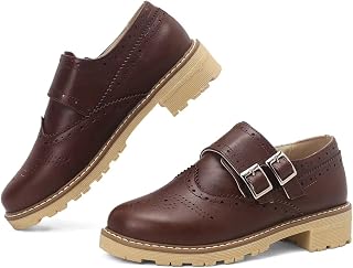 Women's Oxfords Classic Buckles Vintage Platform Lug Sole Casual Wingtip Brogues Low Chunky Heel Round Toe Pull On Work Office Business Loafers Dress Shoes