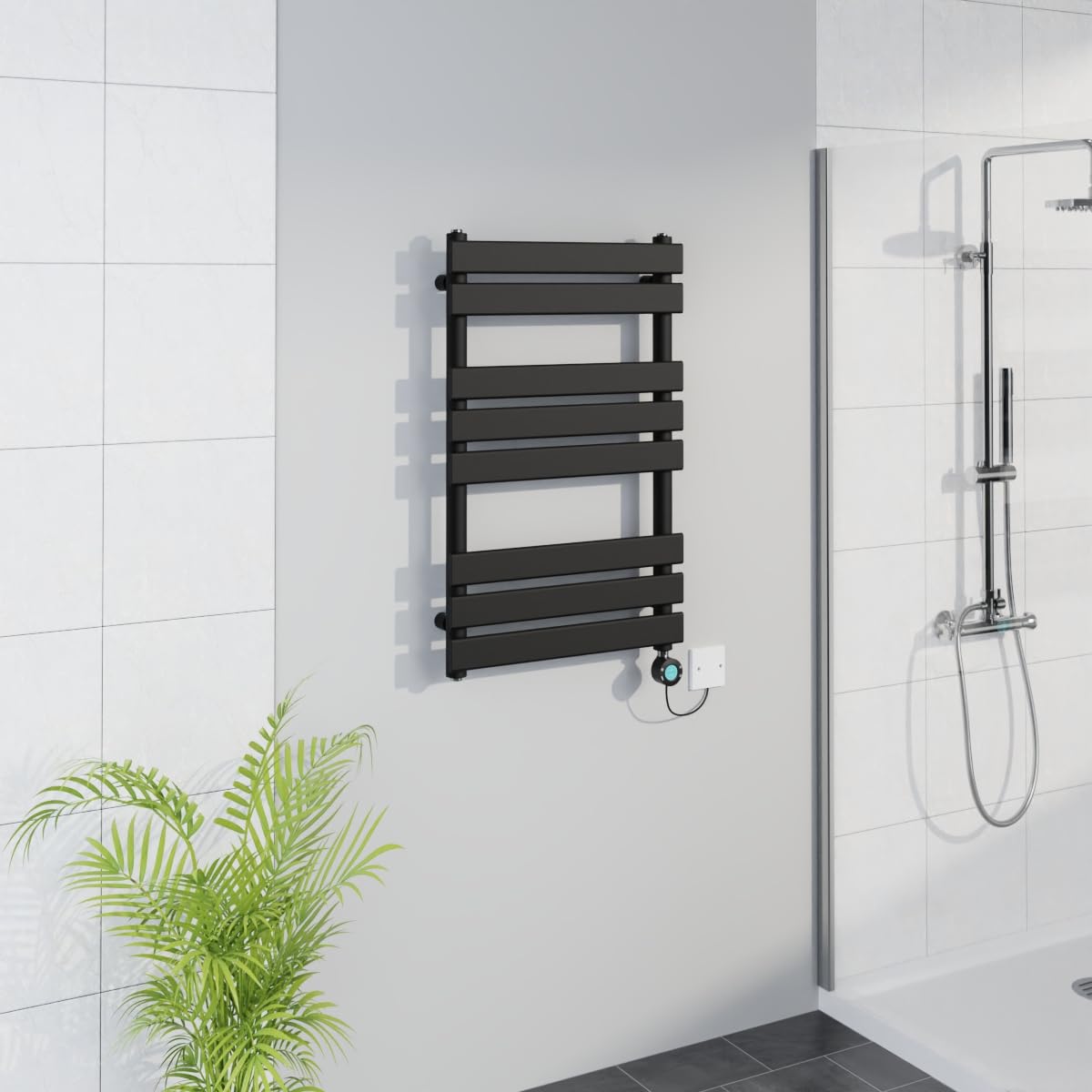 Warmehaus Black Smart Wifi Thermostatic Electric Bathroom Flat Panel Heated Towel Rail Warmer Radiator With Timer 800X500mm
