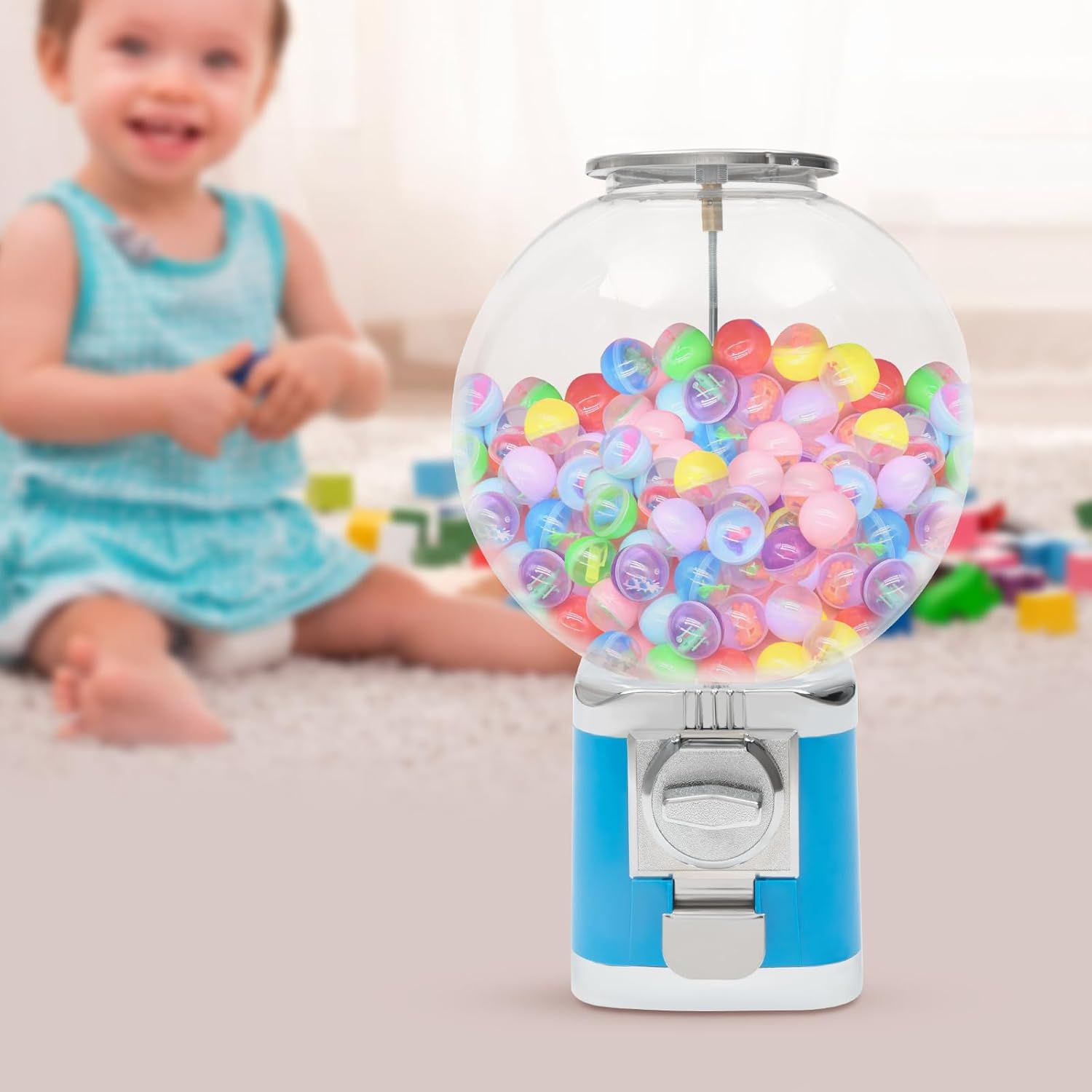 Commercial Gumball Machine for Kids, 500Pcs 1.26Inch Big Capsule Toy Vending Machine w/Key, Countertop Ball Bulk Vending Machine Candy Gumball Machine Bank for $1 Coins Only (Blue)
