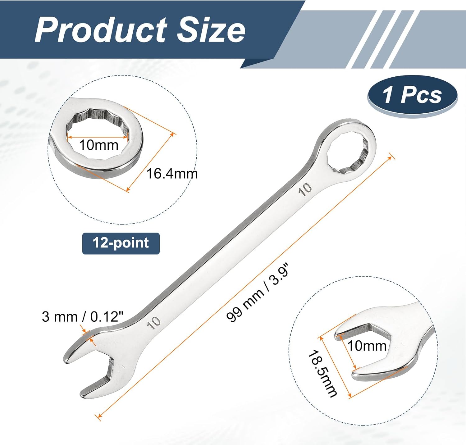 HARFINGTON Mini Super Thin Combination Wrench 10mm Metric 12-Point Box and Open End Stainless Steel Double Ended Spanner Tool for Automotive Pipe Furniture Machinery DIY Repair, Silver