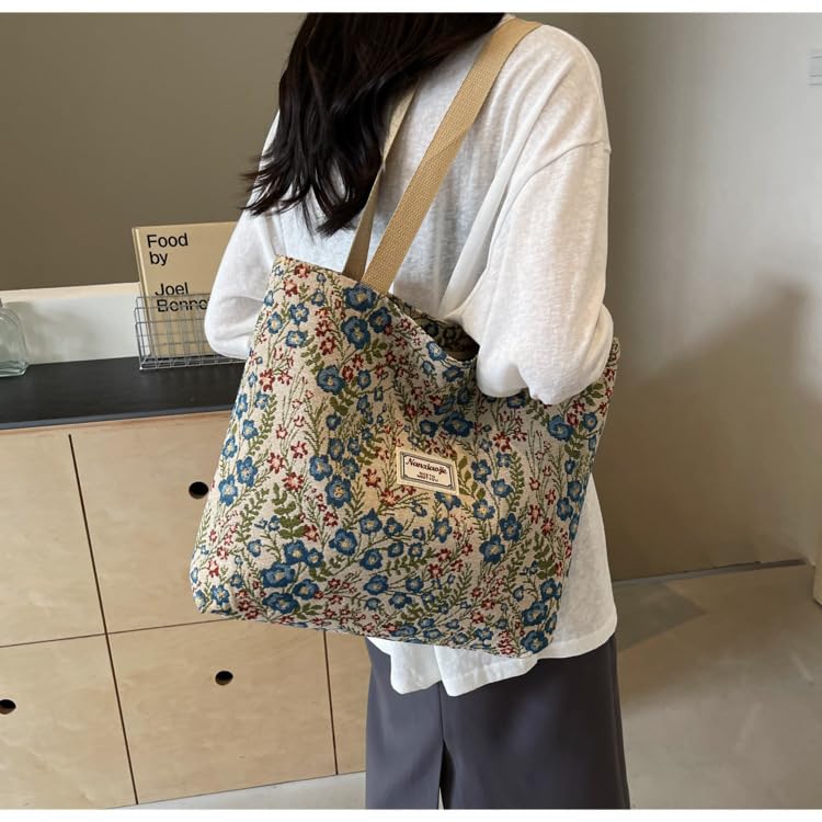 Bolsa tote de tela con diseño bohemio y floral, color azul miniatura 6