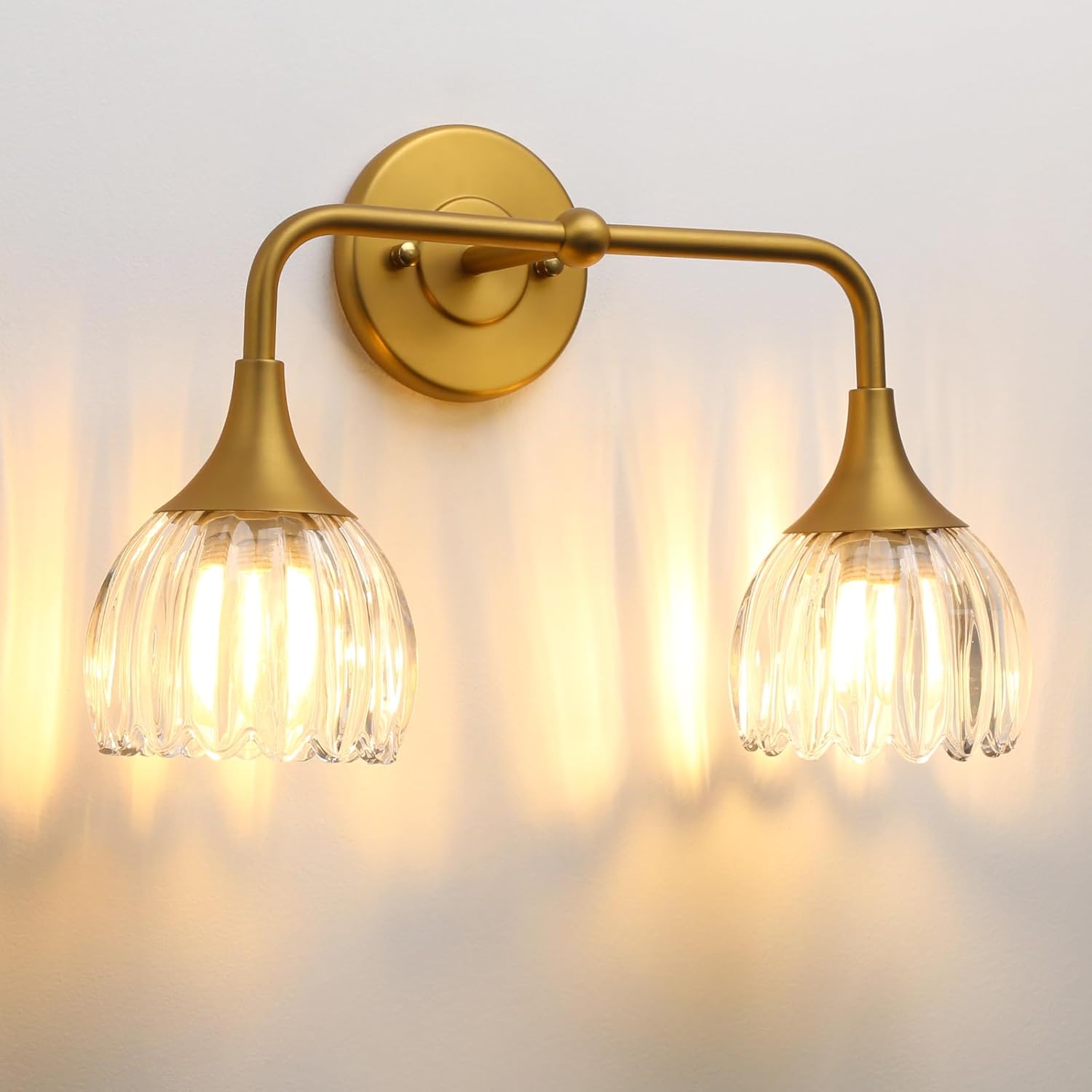 Phansthy Bathroom Vanity Light Fixtures, Hardwired 2-Light Modern Sconces Wall Light Over Mirror with Clear Tulip Glass Shade for Bedroom Living Room Hallway Kitchen (Antique Gold + Clear Shade)
