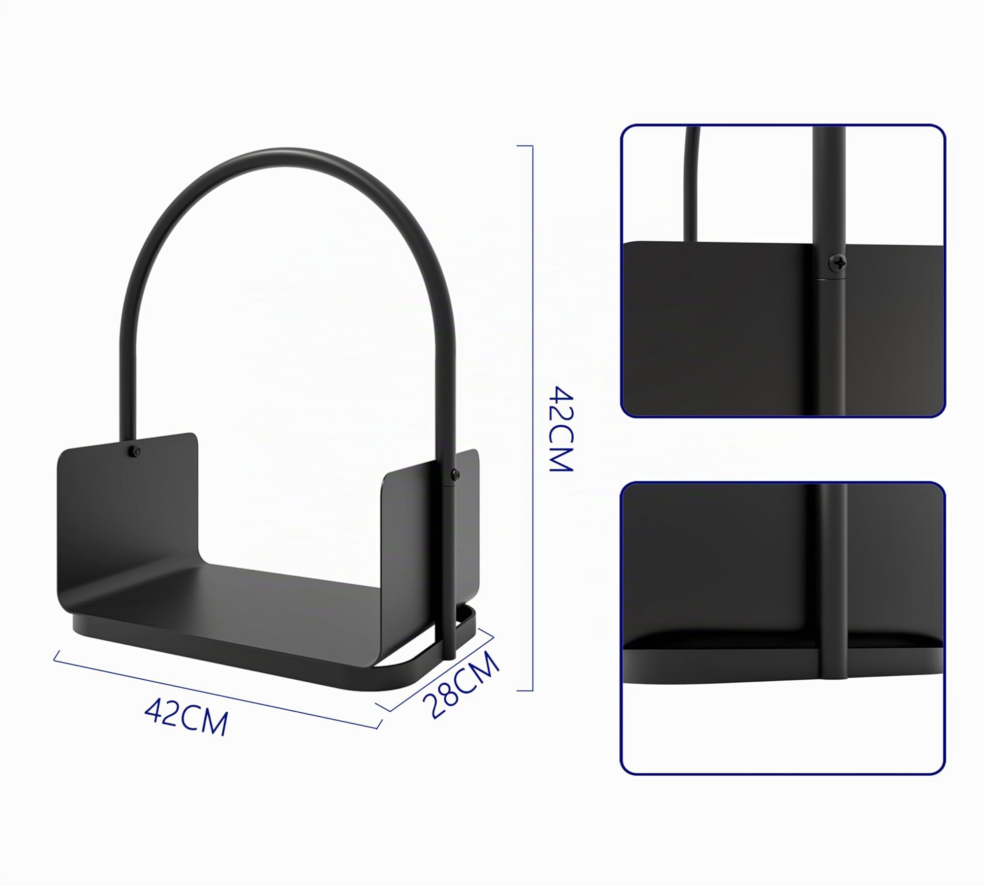 Kingson Panier à bois de cheminée – Porte-bûches en acier à revêtement poudré noir avec poignée et bord surélevé – 42 x 28 x 42 cm – Étagère de rangement de bois pour cheminée intérieure et extérieure