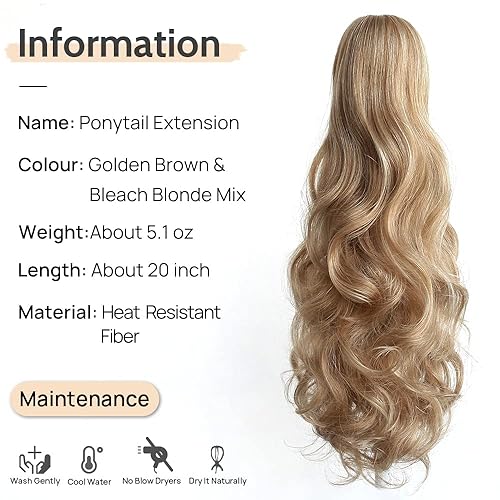 Miniatura 3 de Extensión de cola de caballo ondulada y rizada de 20 pulgadas de largo, peluca sintética de cola de caballo falsa con clip, extensiones de cabello