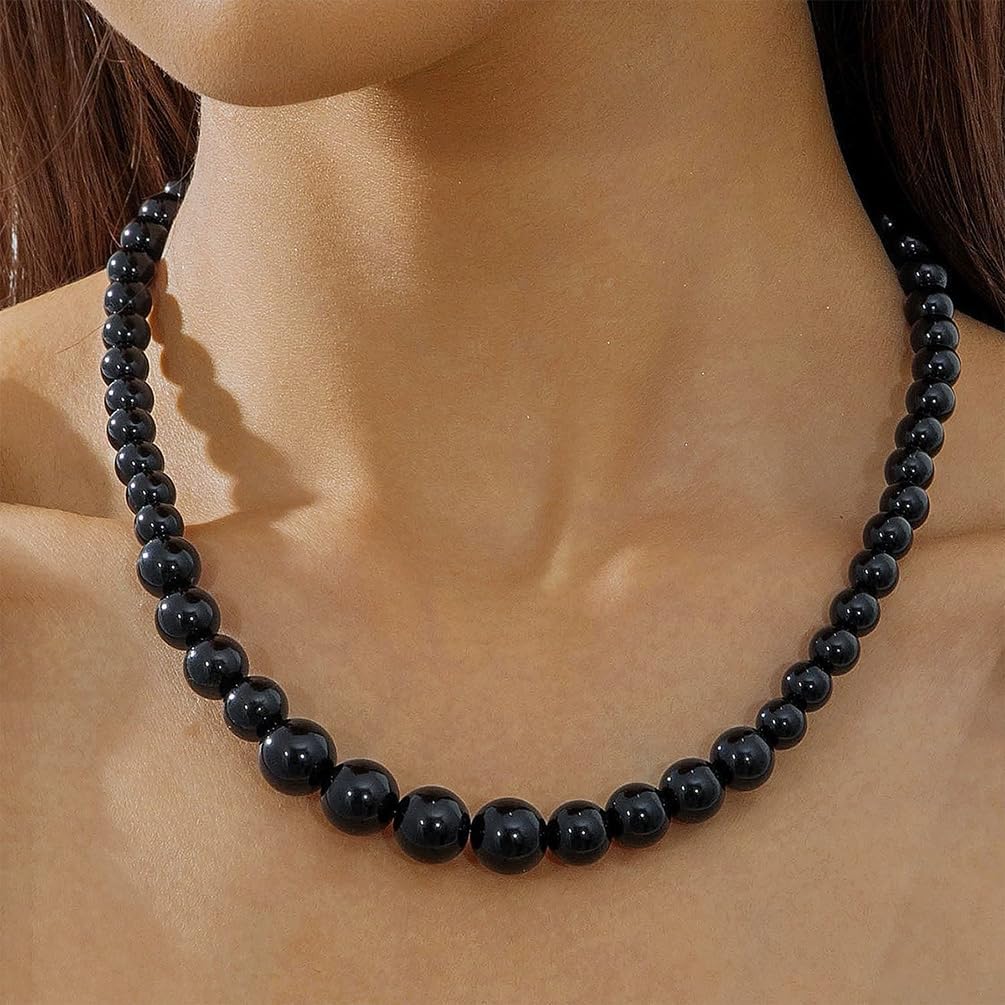 Trendy Beaded Black Pearl Choker Necklace Earring for Women, Dark Gothic Simple Beads Dangling Earrings Vintage Party Costume Jewelry Gift Accessories - Image 6