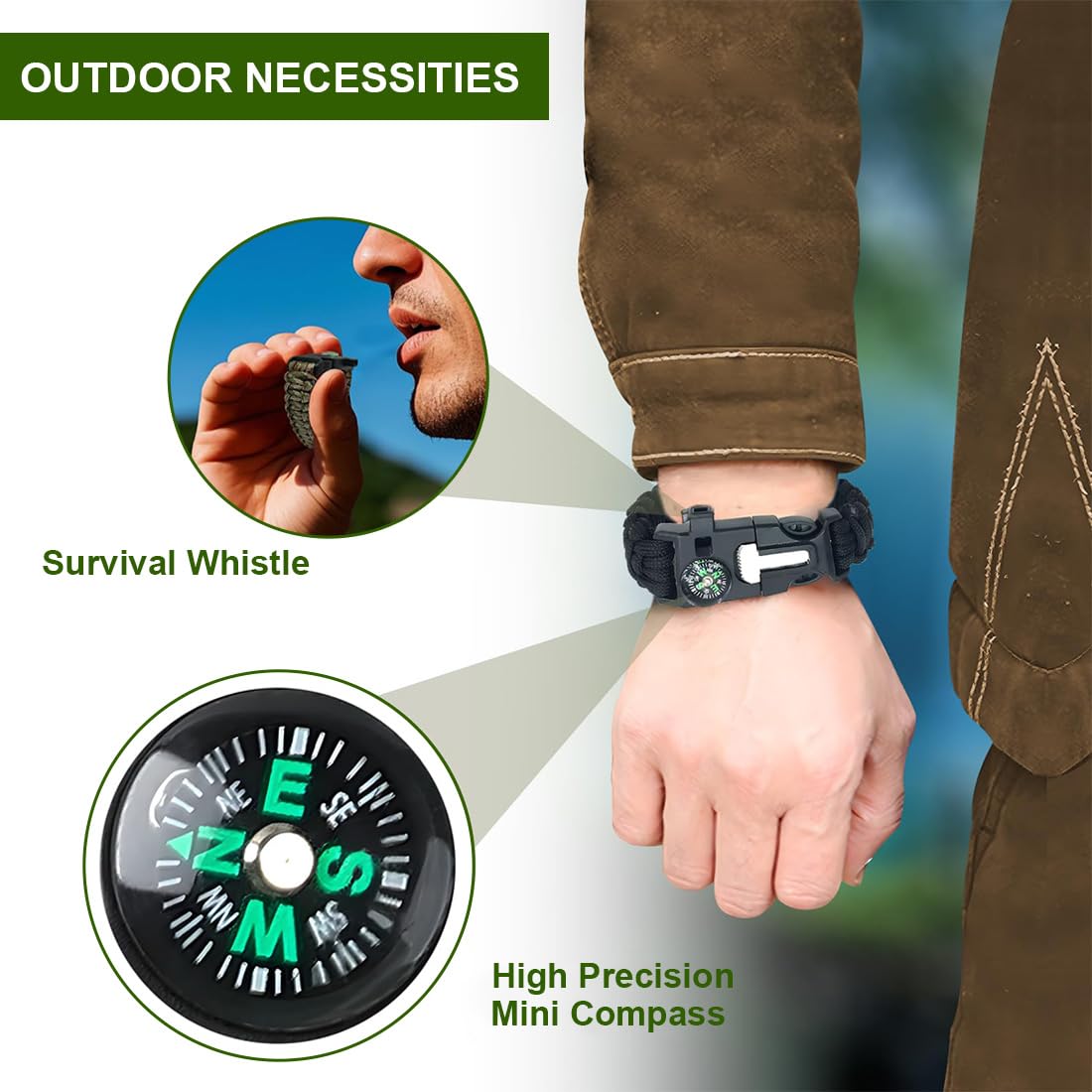 NJCXOLA Paracord brazalete Kit, Supervivencia al aire libre, 2PCS Paracord Bracelets, Kit Pulsera Paracord Supervivencia, Iniciador de fuego, emergencia cuchillo y silbato(Camuflaje+ferroso)