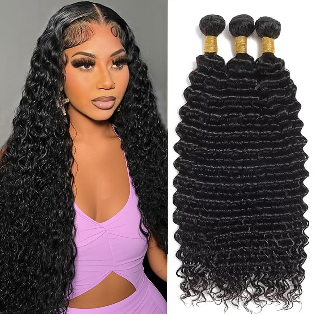 20 22 24 Inch Deep Wave Human Hair Bundles 100% Unprocessed Brazilian Virgin Hair, 3 Bundles, Deep Curly, Black,Sew-In Installation, Wavy Style Keep Texture Silky Soft