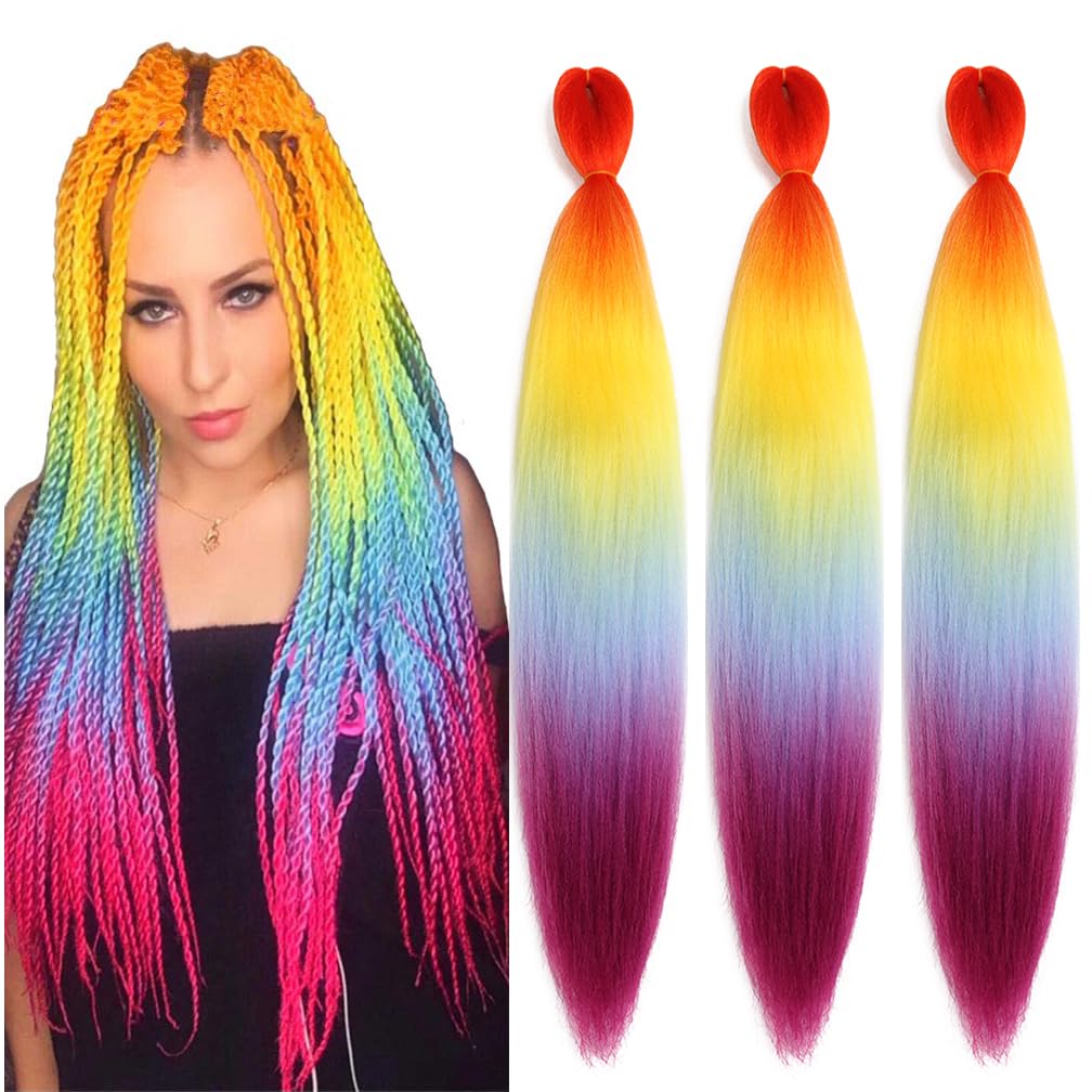 BALINGHAIR Pre Stretched Braiding Hair 28 Inch Braids Hair Ombre Orange to Yellow to Sky Blue to Purple (D4-3Packs)