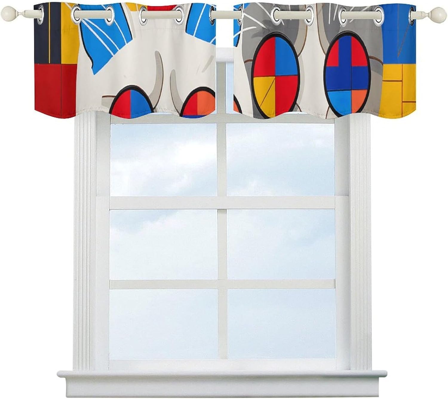 Red and Blue Cat Valances for Window 2 Panels. Light Filtering Curtains Farmhouse Short Small Valance.Modern Curtains for Windows Living Room Kitchen Over Sink.