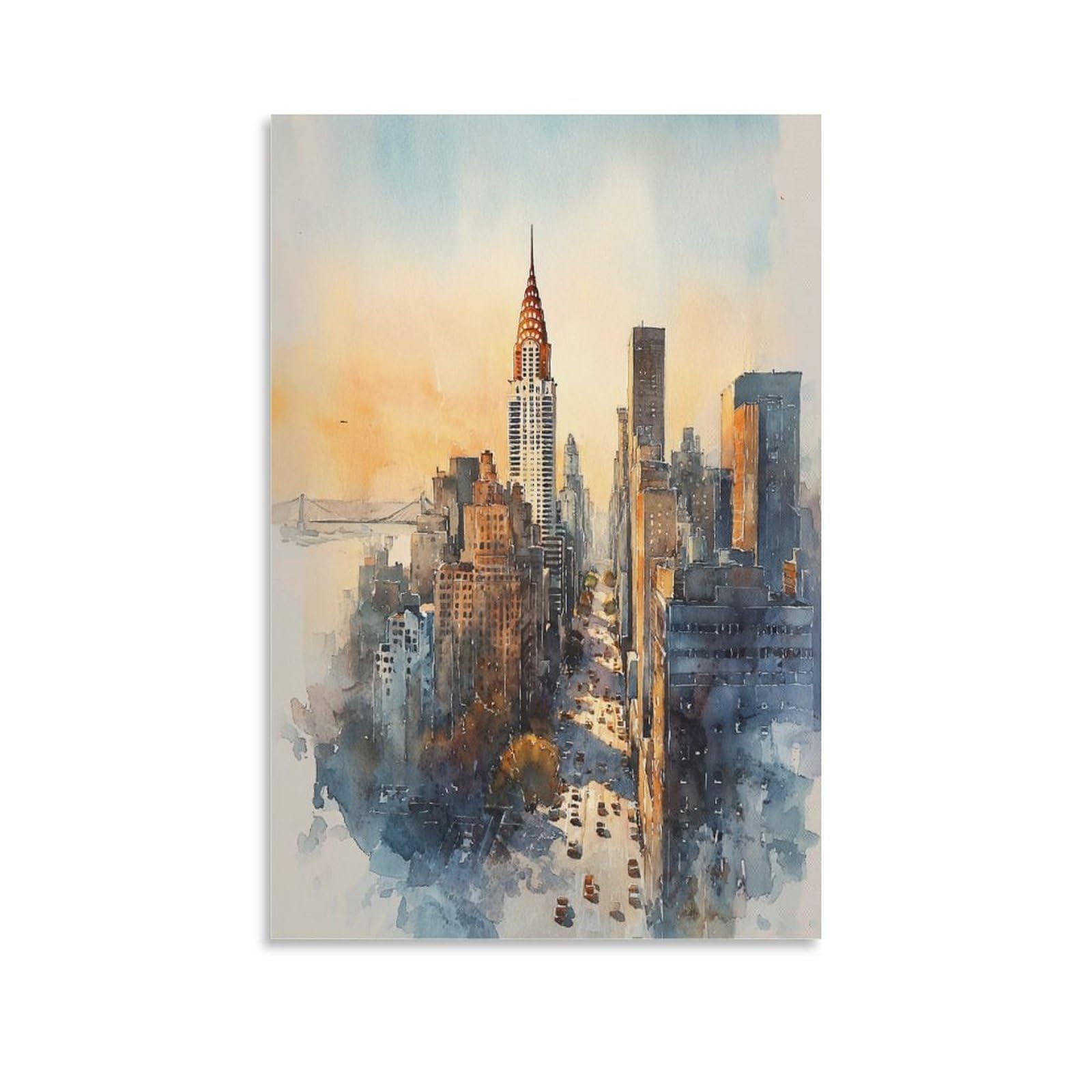 XWYMXZ New York Skyline Cityscape 20x30inch(50x75cm) Vintage Travel Poster Watercolor Canvas Art