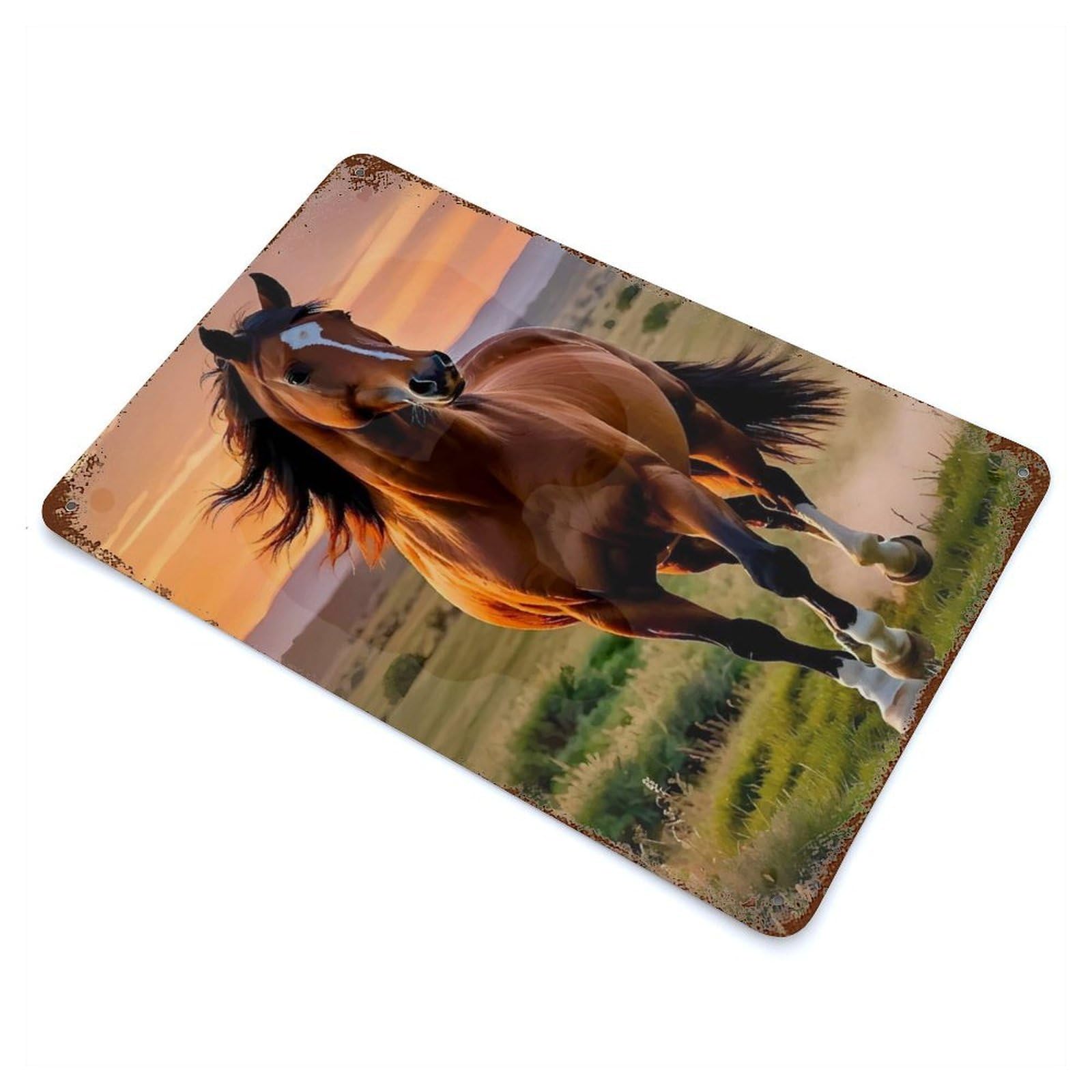 Decorative Tin Sign with Majestic Horse Galloping at Sunset Design 11.8"x7.9", for Garage, Bar And Workshop Decor, Decorative Metal Wall Art