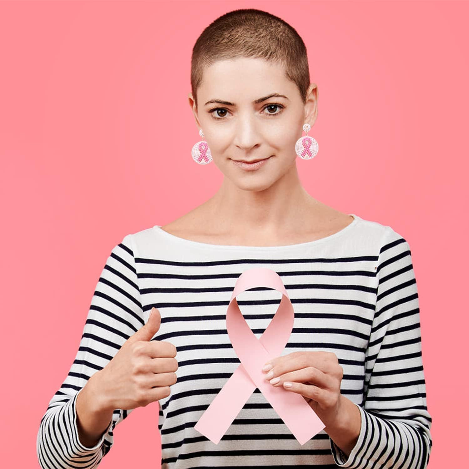Breast Cancer Awareness Earrings Beaded Pink Ribbon Earrings Round Breast Cancer Drop Dangle Earrings for Cancer Survivor Gift - Image 4