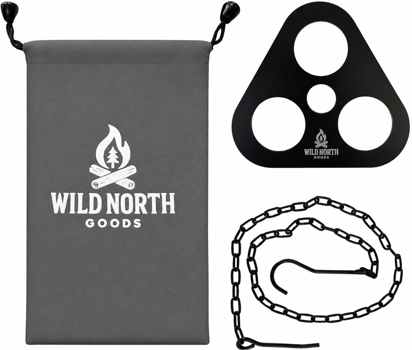 Wild North Goods - Fire Tripod Cooking Kit - Portable Stainless Steel Campfire Cooking Stand with Hanging Chain | Bushcraft, Camping, Outdoor Survival & BBQ Gear