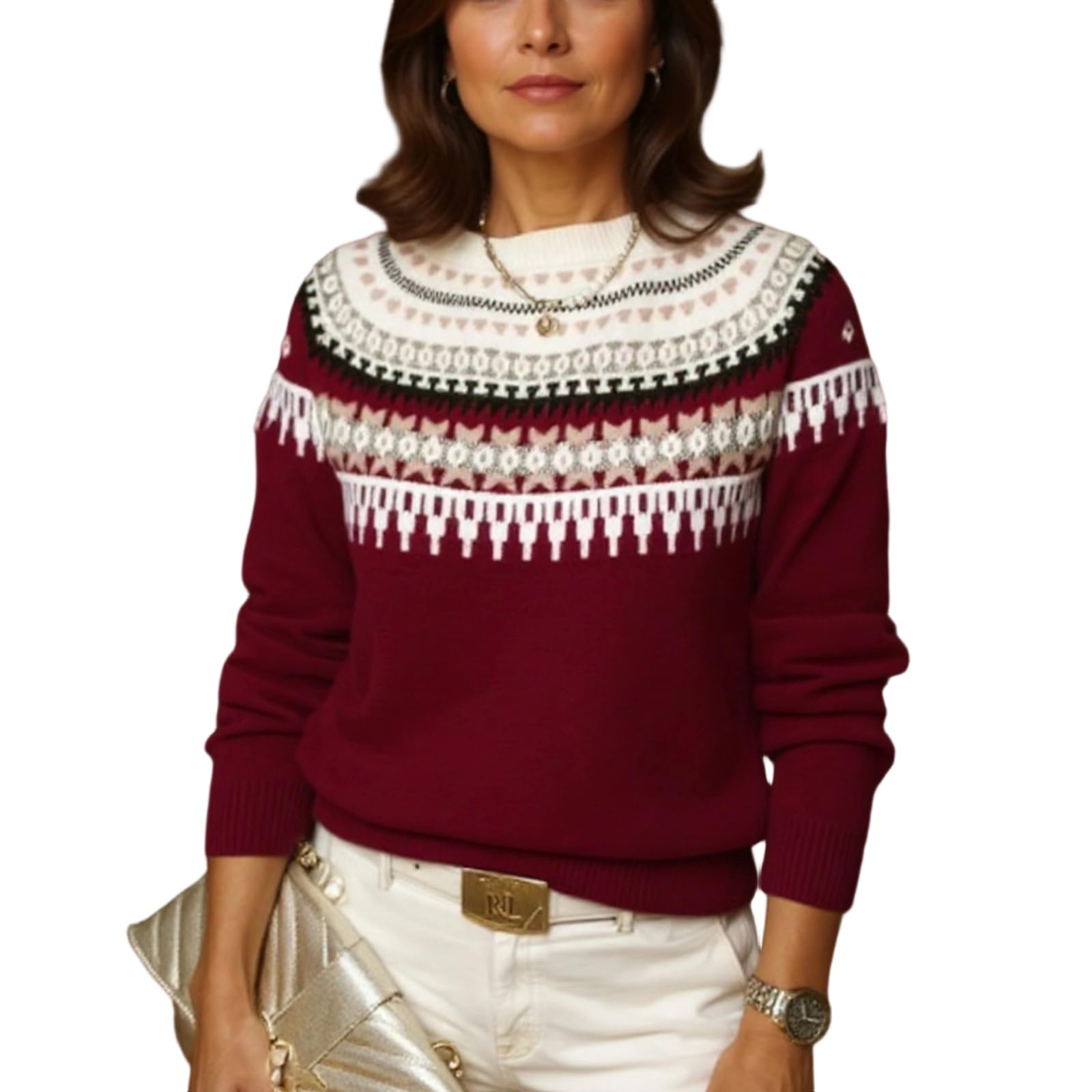 Womens Nordic Pattern Crew Neck Knitted Sweater Long Sleeve Casual Pullover with Fair Isle Design for Fall Winter