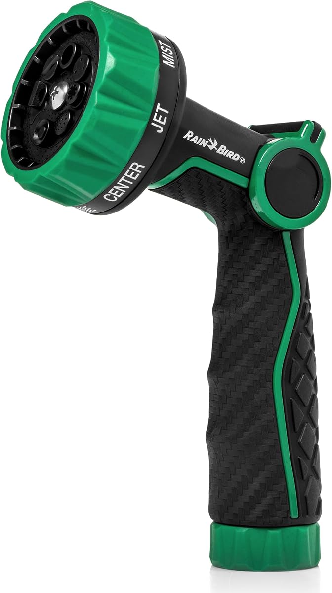 TCNZL8P Garden Hose Nozzle - 8 Pattern Thumb Control Water Spray | Adjustable Nozzle for Watering Plants, Outdoor Cleaning, Carbon Fiber Texture Grip, 3/4 In Threaded Connection, Green & Black