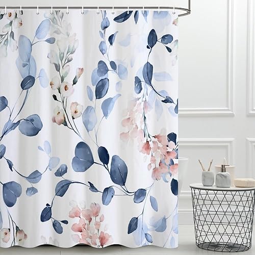 Miniatura 16 de Cortina de ducha con diseño de eucalipto azul acuarela, juego de cortina de ducha pequeña para caravana, impermeable, decoración de baño floral de