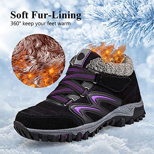 Camfosy Womens Walking Hiking Boots,Waterproof Ankle Trekking Shoes Fur Lined Warm Low Rise Slip On Snow Boots Flat Outdoor Lace Up Running Booties Anti-Slip Breathable Thermal Camping Shoes
