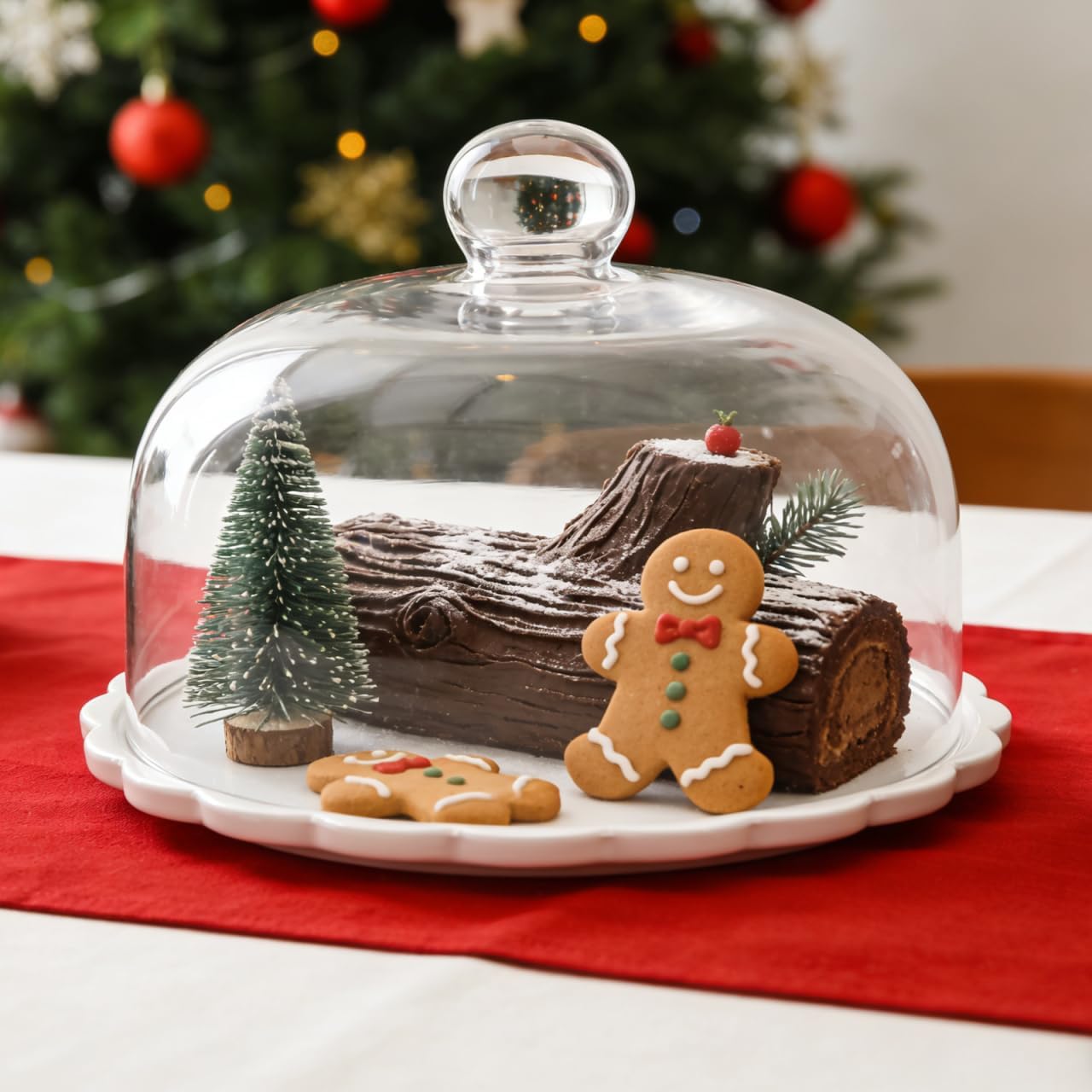 PRETYZOOM Ceramic Cake Stand with Lid Glass Dome Cake Cover 9 Inch Dessert Server Clear Cupcake Stand Food Serving Tray for Home Restaurant Party