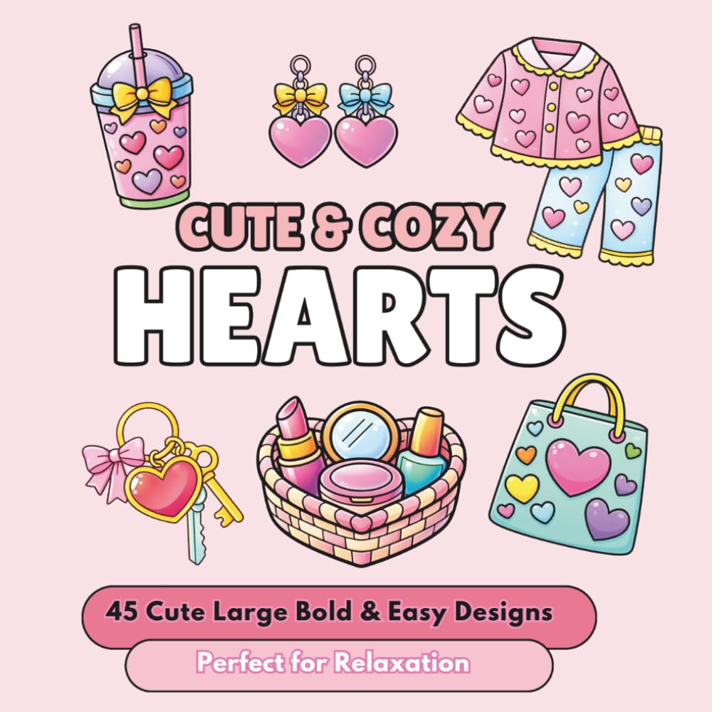 Cute & Cozy Hearts: Bold & Easy Coloring Book for Adults | 45 Sweet Heart Aesthetic, Cute Accessories, Fashion & Cozy Girly Designs