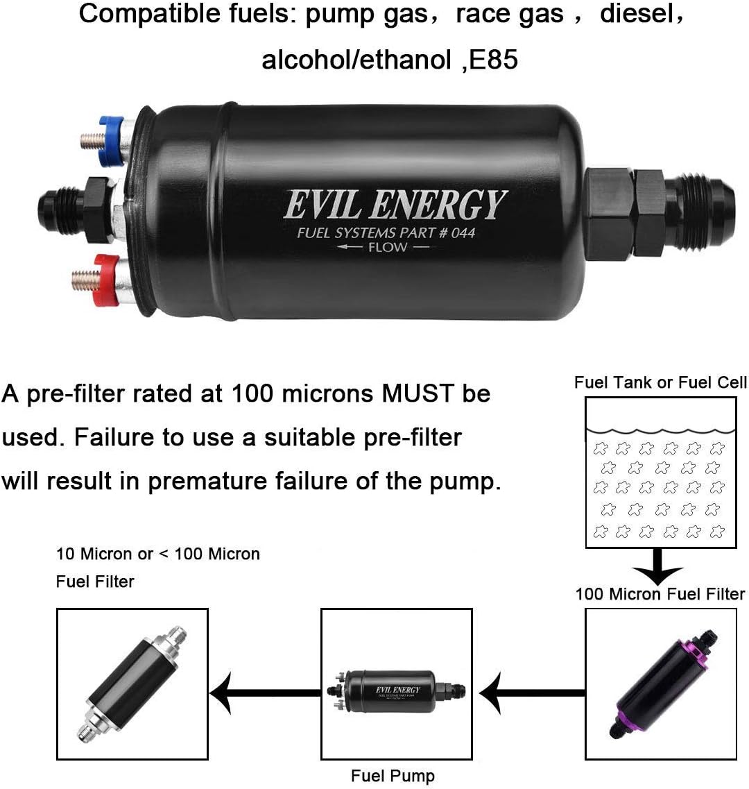 EVIL ENERGY External Inline Fuel Pump Electric 300LPH Bundle with 60mm Fuel Filter Mounting Bracket Black