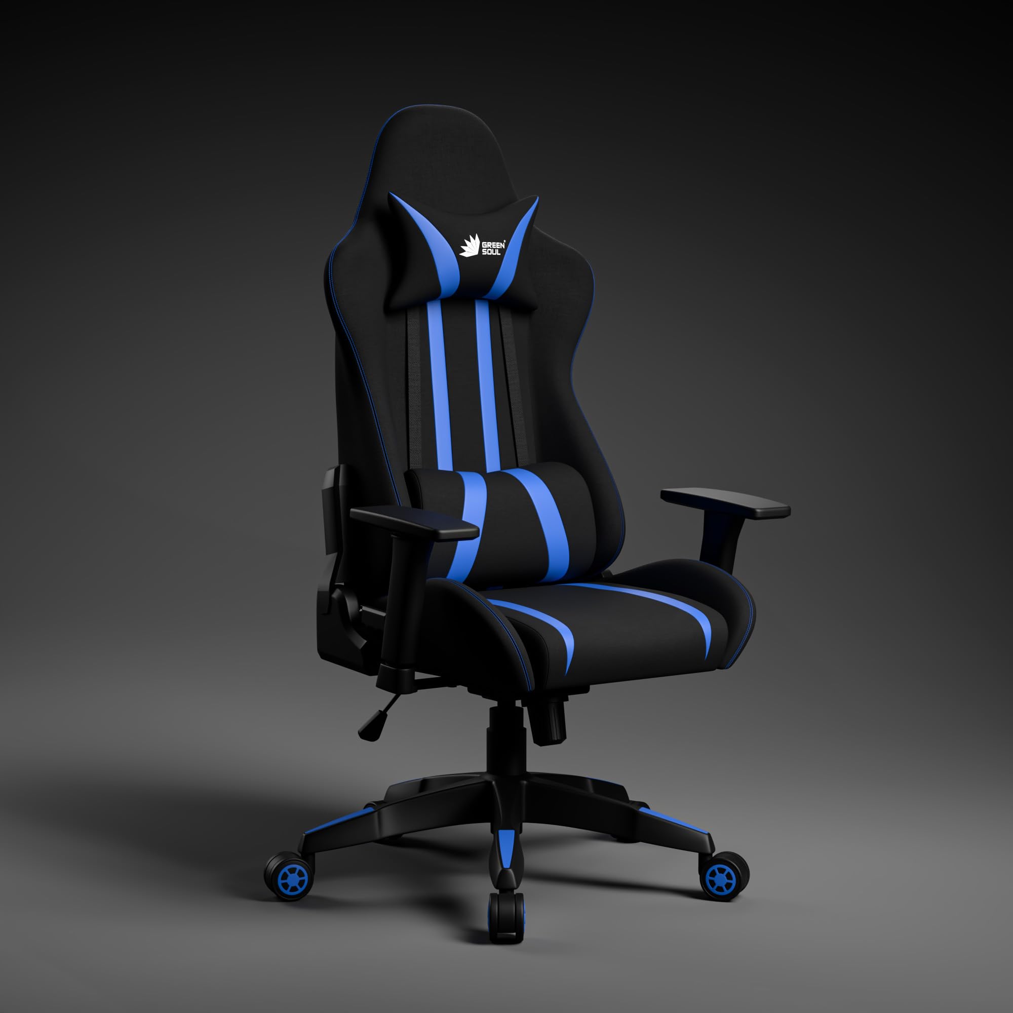 Green Soul Beast Racing Edition Ergonomic Gaming Chair with Premium Fabric & PU Leather, Adjustable Neck & Lumbar Pillow, 3D Adjustable Armrests & Strong Nylon Base (Black & Blue)Installation Provided
