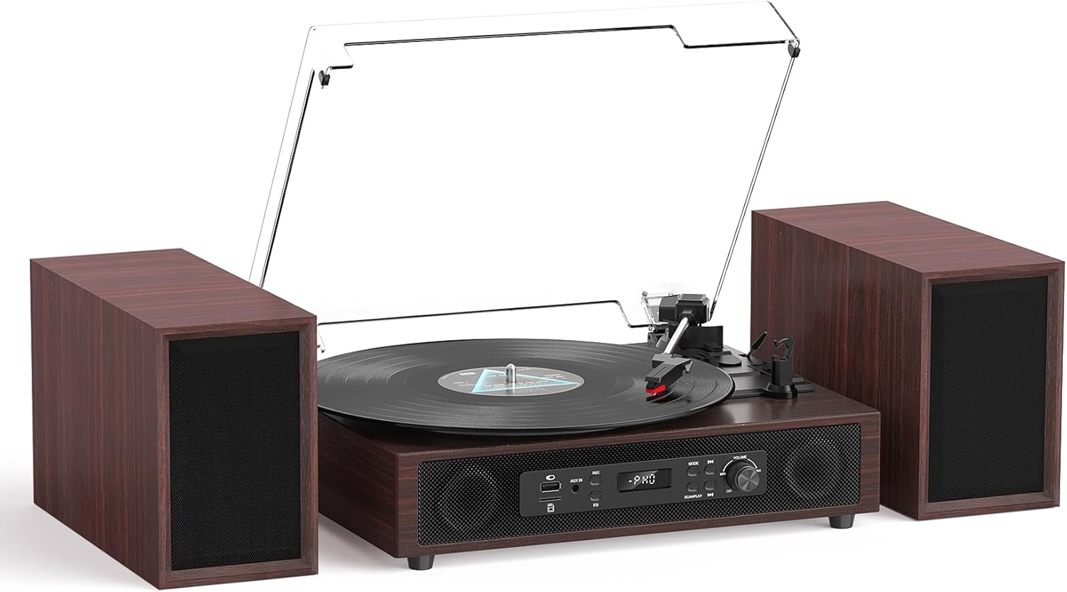 Bluetooth Record Player with Built-in & External Stereo Speakers, USB/TF Card & PC Recording, 3-Speed Belt-Drive Vintage Turntable with Dual RCA Output, Espresso Wood Grain for Home Entertainment Gift