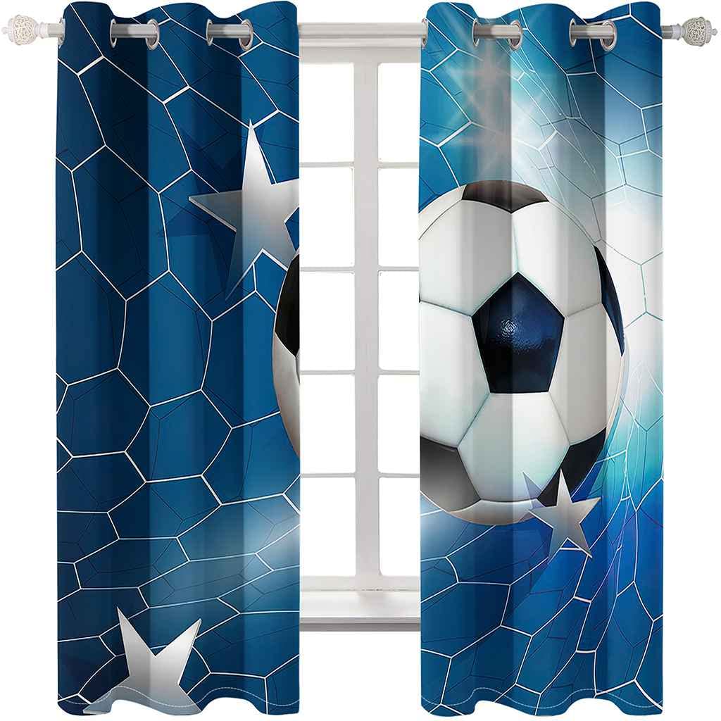 Gardinen 2 Stück Verdunkelungsvorhänge Mit Ösen Vorhänge Blickdicht Kälte- Und Wärmeisolierung/B170 x H200cm Blauer Fußball 3D Vorhang Balkon Schlafzimmer Badezimmer Vorhänge