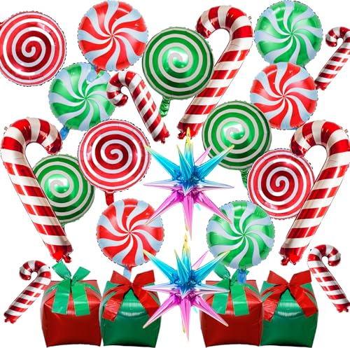 Christmas Party Decorations Set, 25 Pcs Christmas Round Candy Cane Gift Box with Rainbow Explosion Star Mylar Foil Balloons