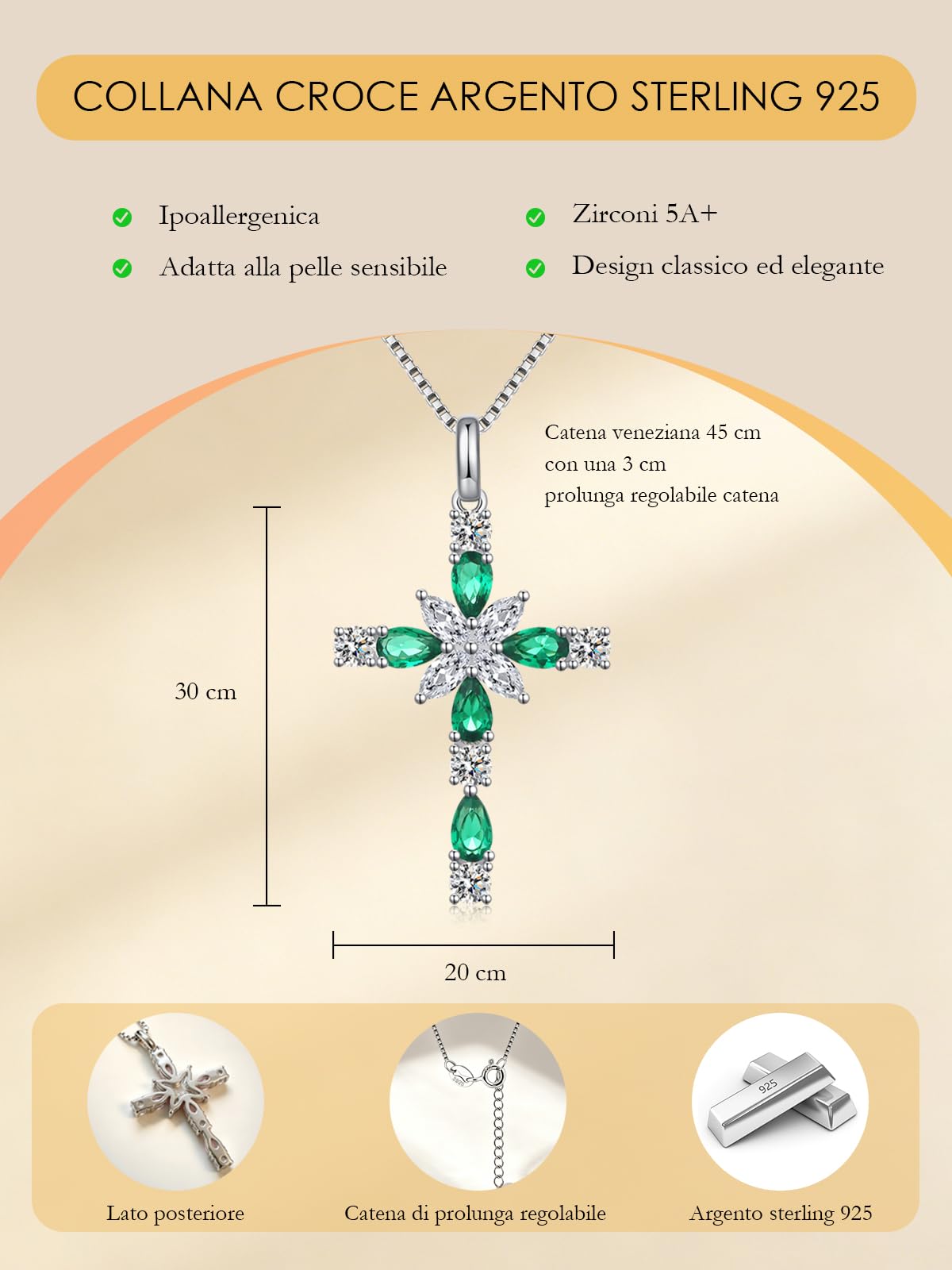 Collana da donna con ciondolo a forma di cuore, in argento Sterling 925, con pietra portafortuna