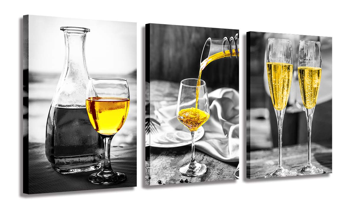 Canvas Wall Art for Living Room Wine Glasses Canvas Prints Black and White Gold Wall Pictures Wine Cups Modern Artwork for Kitchen Dining Room Pubs Bar Home Decor