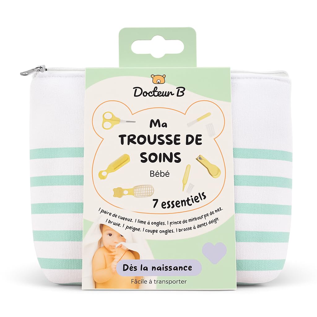 Trousse de Soins Bébé avec 7 Essentiels | Coupe-Ongles, Ciseaux Sécurisés, Brosse, Peigne, Lime, Pince Nez | Dès la Naissance | Kit de Toilette Portable | Pochette Rayée Incluse