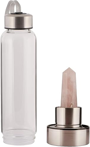 GEMHUB Botella de agua de cristal Botella de cristal de cuarzo rosa Botella de elixir de cristal Cuarzo rosa Botella de agua de piedras preciosas