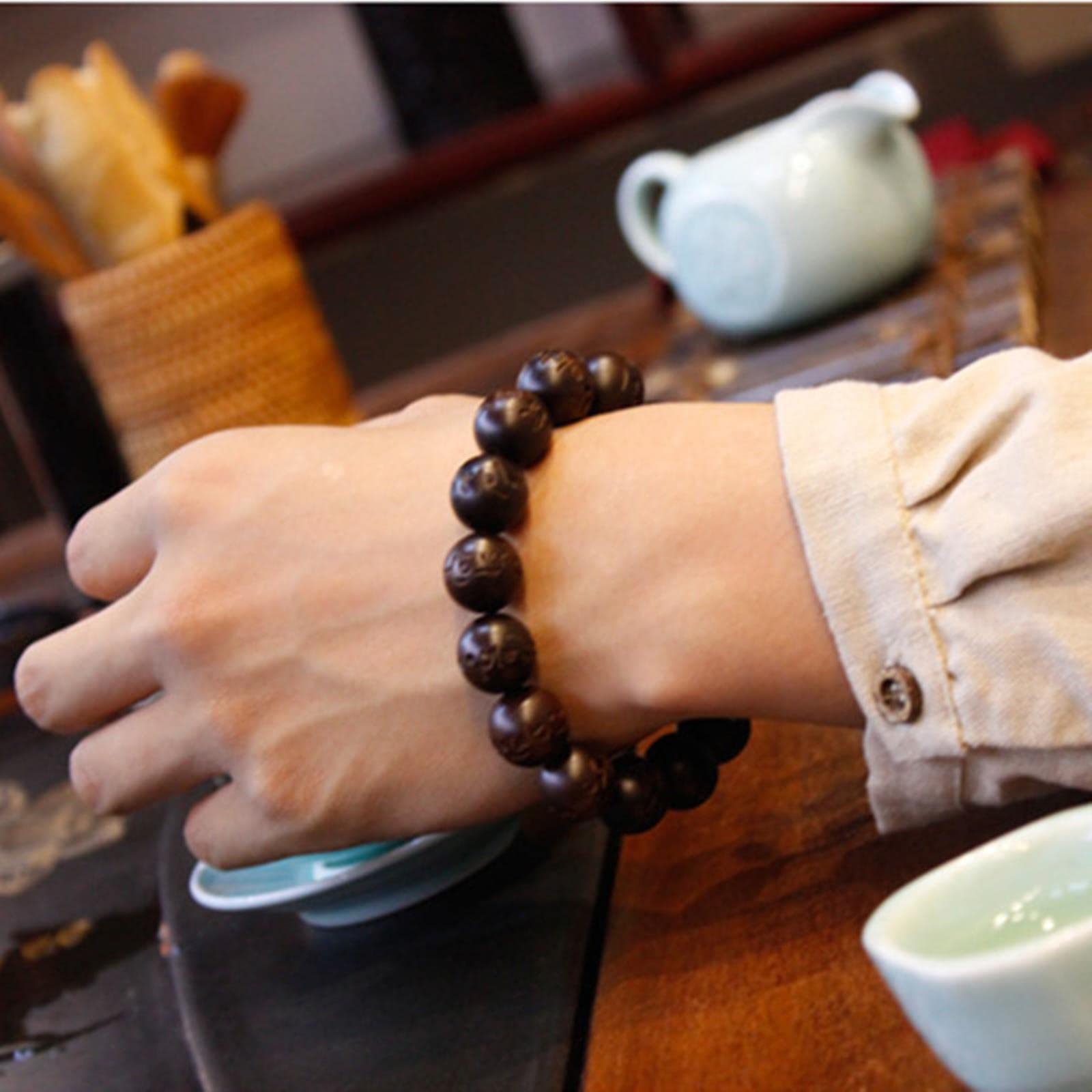Pezzo di Bracciale con Perline in Vero Legno di Pesca Intagliato a Mano, Braccialetti Buddha per Uomo e Donna, con Perline Piatte da 15 mm