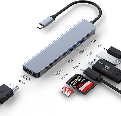 Hub USB C 7 en 1 Estación de acoplamiento de aleación de aluminio USB C a HDMI Hub Dongle Lector de tarjetas SDTF compatible con MacBook ProAir XPS