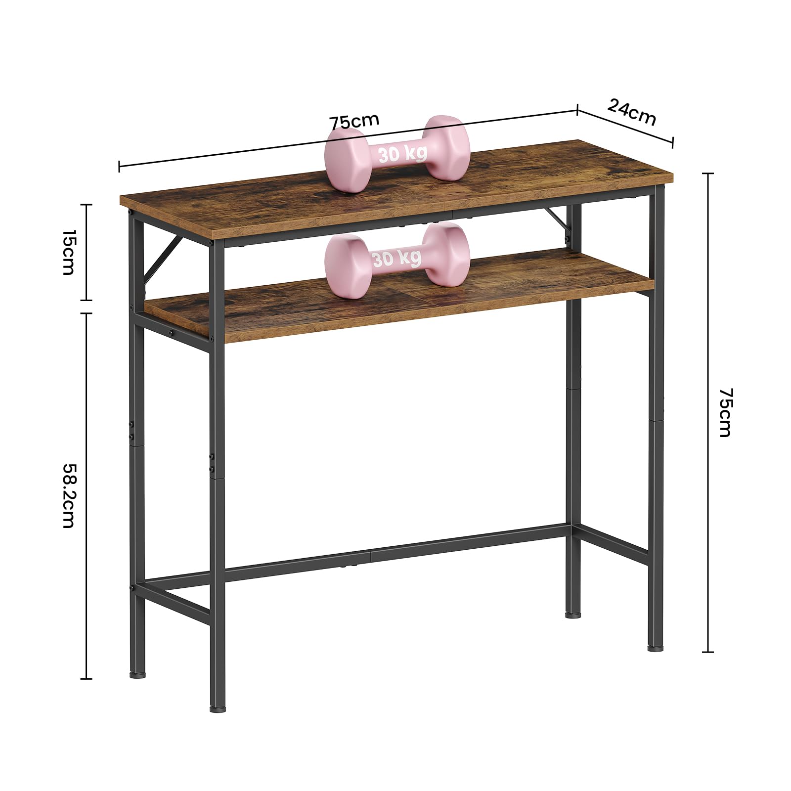 Asgolion Konsolentisch, Schmaler Sofatisch mit 2 Ablagen, 24 x 75 x 75 cm, Flurtisch für Kleine Räume, für Wohnzimmer, Eingangsbereich, Schlafzimmer, Flur, vintagebraun