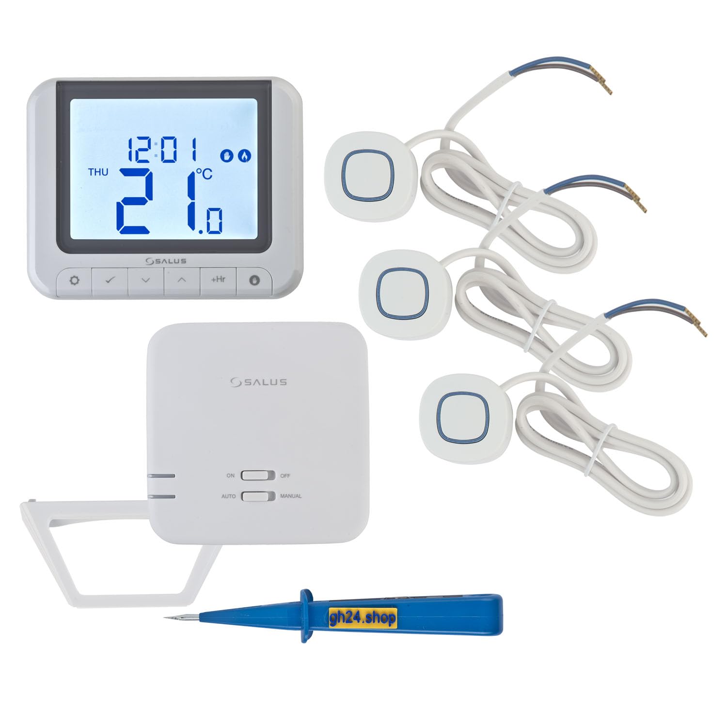 SALUS Controls Heizung Einzelraumregelung Digitaler Funk Raumthermostat mit Empfänger, 3X Stellantrieb und 1x gh24 Phasenprüfer