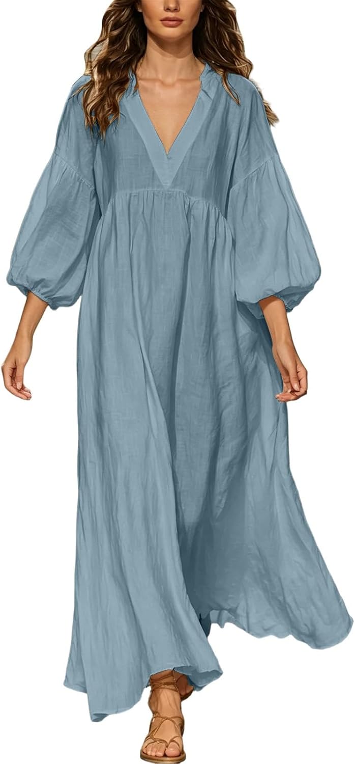 Women Babydoll Maxi Dress Long Sleeve Loose Casual A Line Dresses