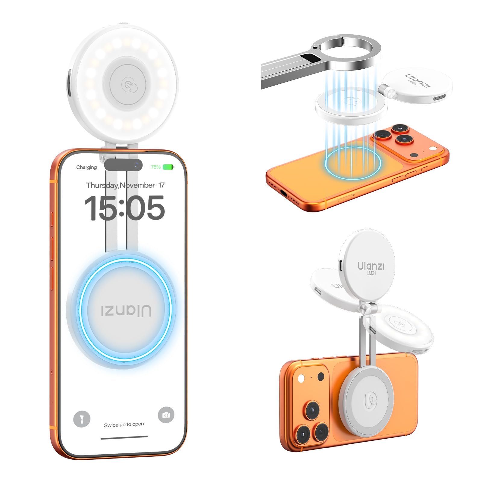 ULANZI LM21 Luz Magnética para Selfie, Anillo de Luz para iPhone, Luz de Relleno para Móvil con 3 Temperaturas de Color (2500 K-8500 K), Videollamada, Conferencia y Fotografía