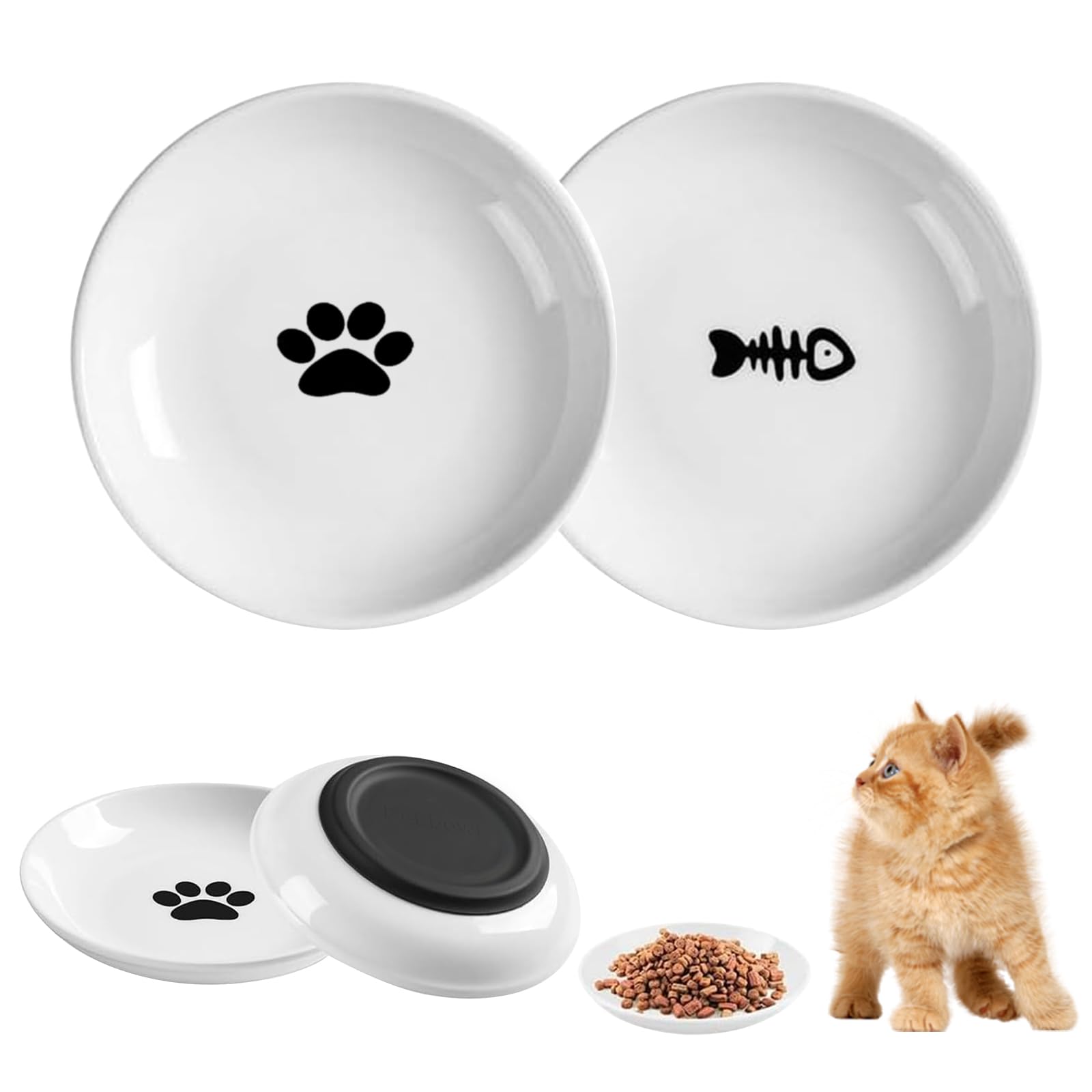 Cuenco para gatos de 3 piezas, cuenco plano para gatos, cuenco de disco de 15 cm, con fondo de silicona antideslizante, ideal para alimentos secos y húmedos, adecuado para gatos pequeños y perros